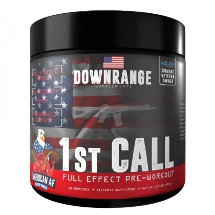 Black and red DOWRANGE “1st Call” full-effect pre-workout supplement tub with military design