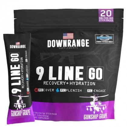 Black bag of Downrange Supplements 9 Line Go recovery and hydration drink mix, Gunship Grape flavor
