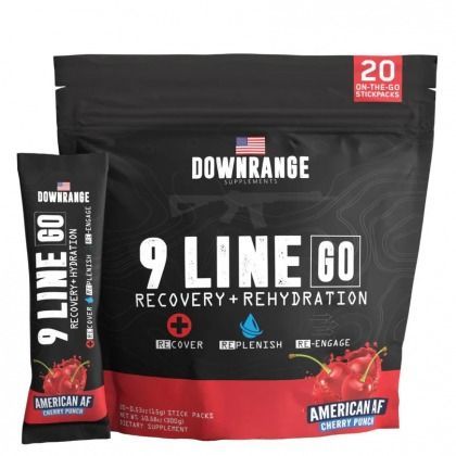 Black Downrange 9 Line Go recovery and rehydration packet with red accents