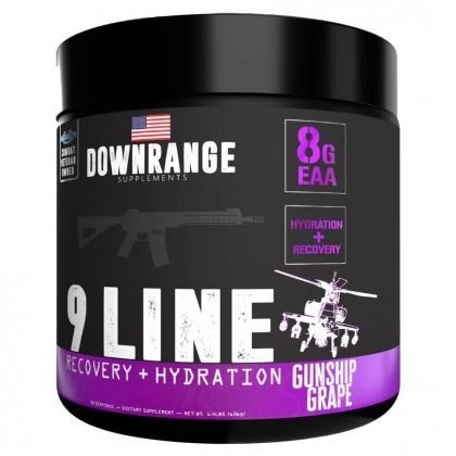 DownRange 9 Line recovery and hydration supplement, grape flavor, black tub with purple label