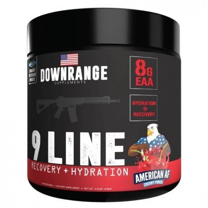 Black tub of Downrange 9 Line recovery and hydration supplement with American AF label and 8g EAA