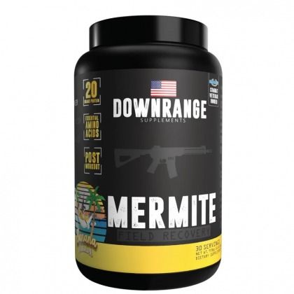 Black Downrange Supplement jar labeled “Mermite” with a yellow band and U.S. flag graphic.