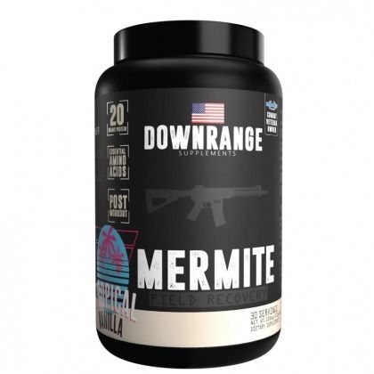 Black supplement tub labeled “Downrange” and “Mermite” with a U.S. flag on the front.