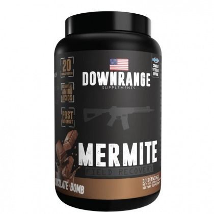 Black DownRange Supplements container labeled “Mermite” with a U.S. flag design on the front