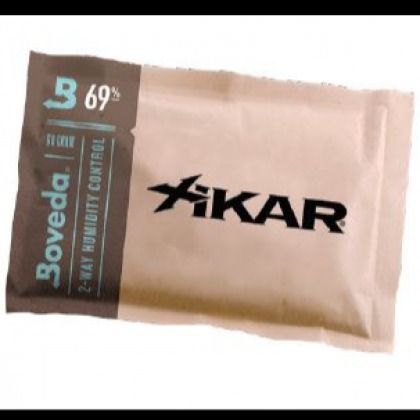 Brown Xikar Boveda 69% humidity control packet with teal and black label.