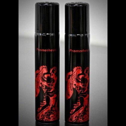 Two black Prometeheu bottles with red dragon artwork on a light background