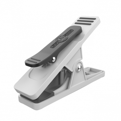 Gray and black plastic clamp with spring hinge and ridged grip, shown on a white background