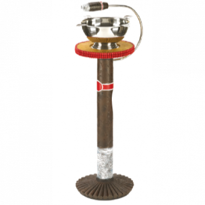 Vintage brown-and-red decorative hookah or smoking pipe with a silver bowl and hose on a stand