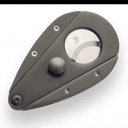 Gray folding pocket knife with a round button and silver blade peeking out