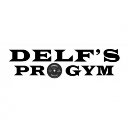 Delf’s Pro Gym logo in bold black text on a white background