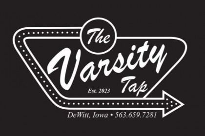 Logo for The Varsity Tap, black-and-white arrow design with DeWitt, Iowa and phone number.