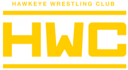 Hawkeye Wrestling Club logo with yellow HWC initials and text on a white background