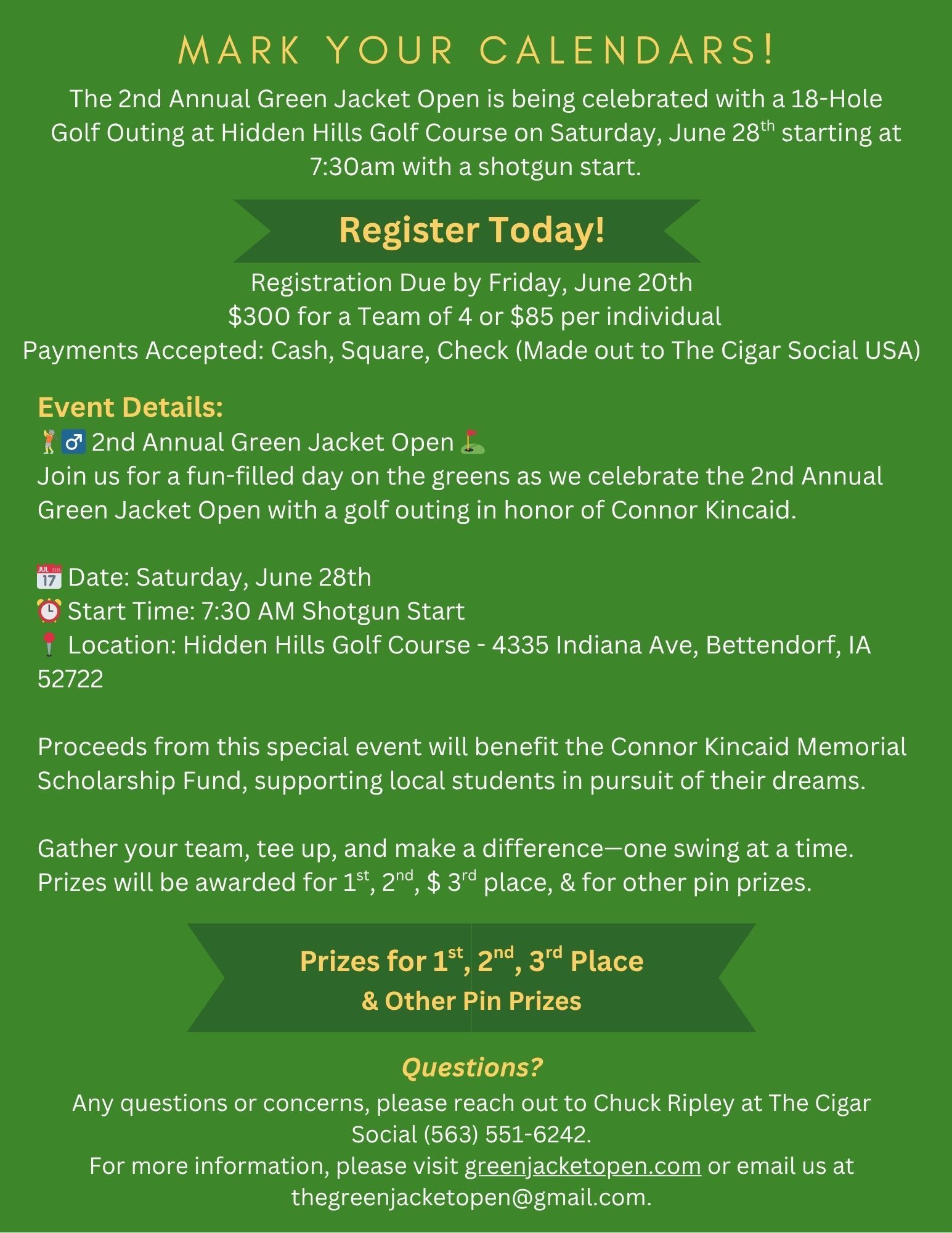 Green event flyer with yellow text and a “Register Today!” callout, listing event details and prices.