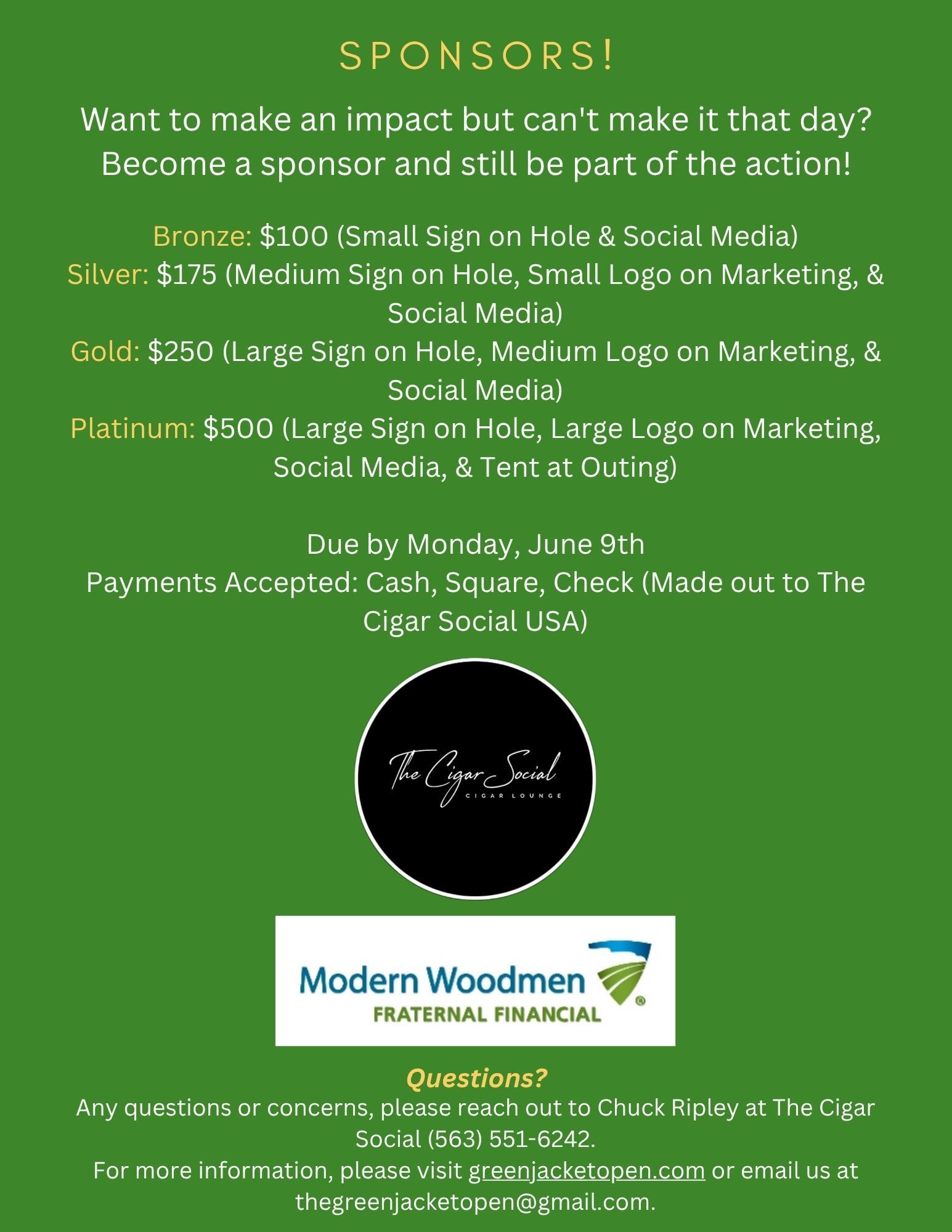 Green sponsor flyer for a school event with activity list and logo, plus Modern Woodmen sponsor badge.