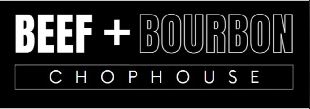 Black logo reading “BEEF + BOURBON CHOP HOUSE” on a black background.