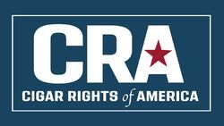 Logo for Cigar Rights of America with white letters on a blue background and a red star in the A