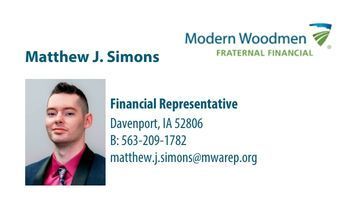 Business card for Matthew J. Simons, Financial Representative at Modern Woodmen Fraternal Financial, with contact details and portrait.
