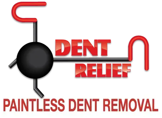 Dent Relief logo with red text and stylized dent removal tool on white background