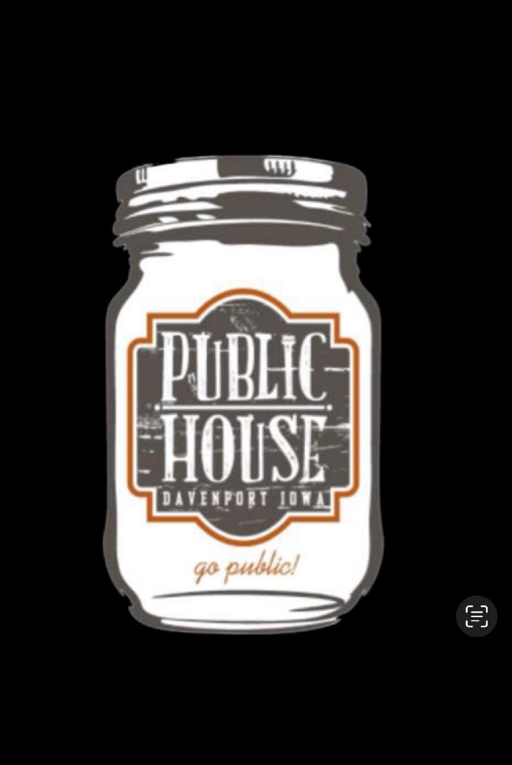 Public House Davenport, IA logo on a white mason jar graphic with orange and gray accents