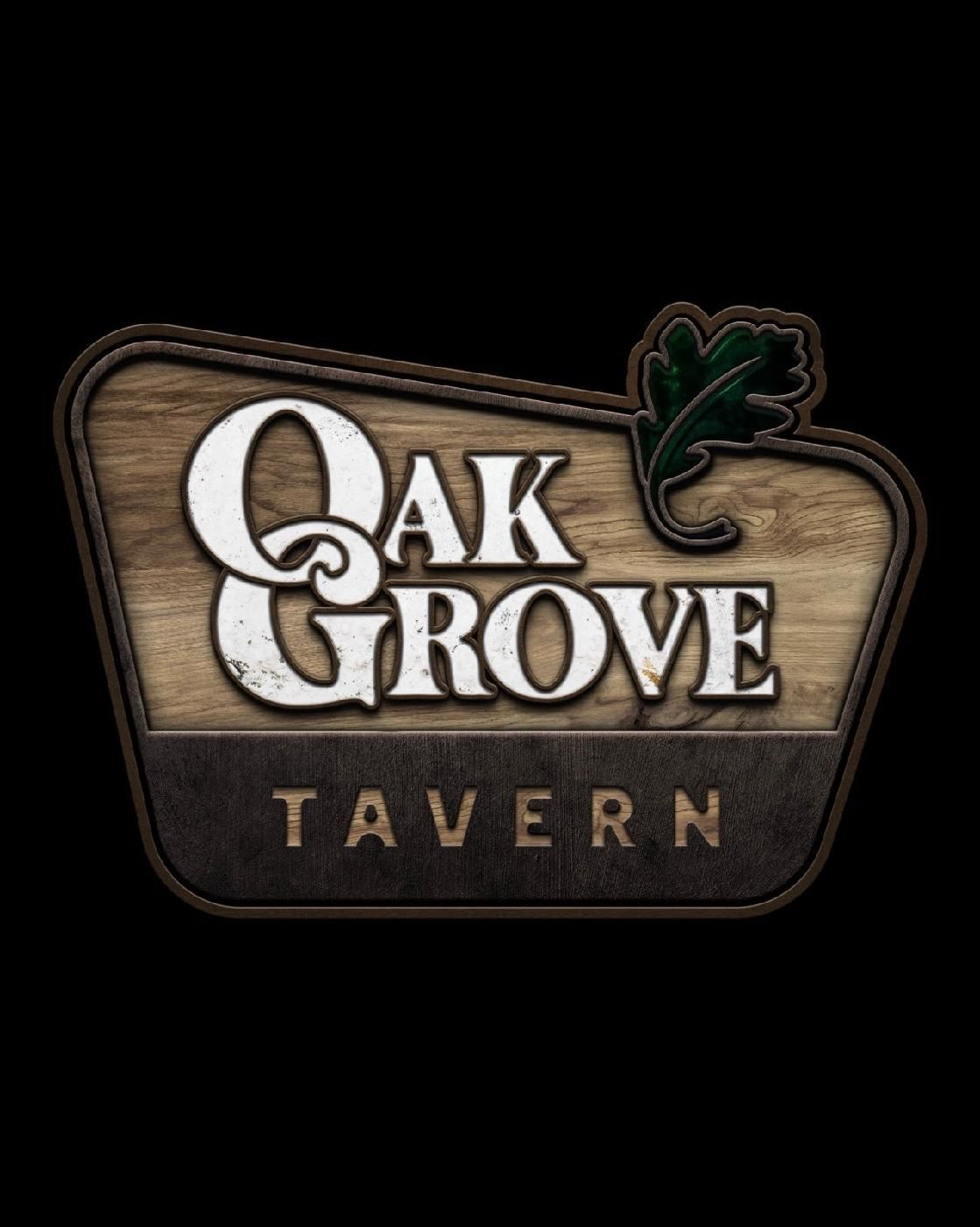 Oak Grove Tavern logo on a wood sign with a green oak leaf icon