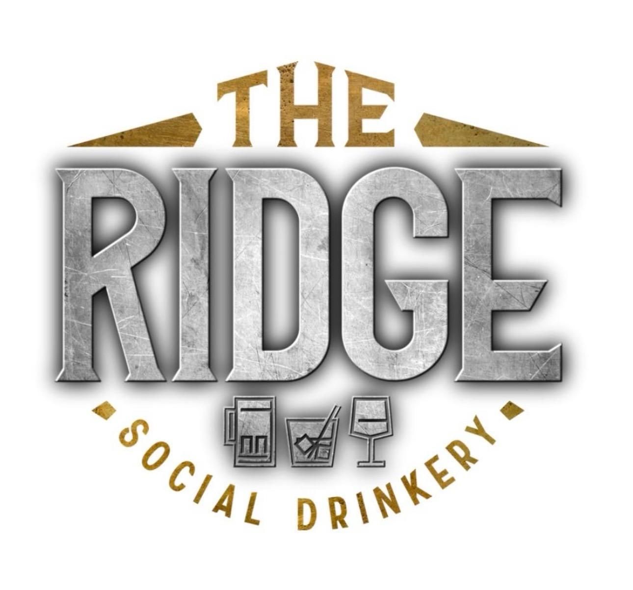 Logo reading “The Ridge Social Drinkery” in gold and silver with small drink icons.