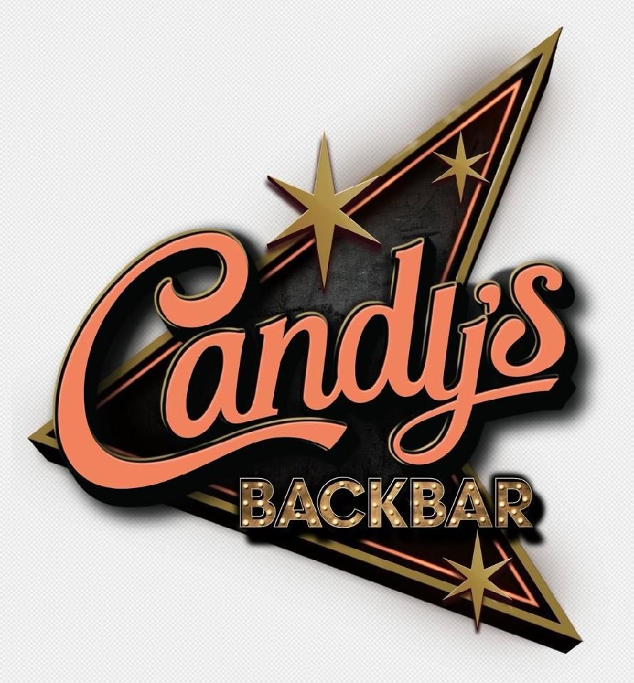 Candy’s Backbar logo in coral and black with gold stars on a black triangular sign