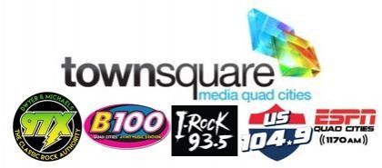Townsquare Media Quad Cities logo with colorful station logos for B100, 104.9, Rock 93.5, and ESPN 104.5