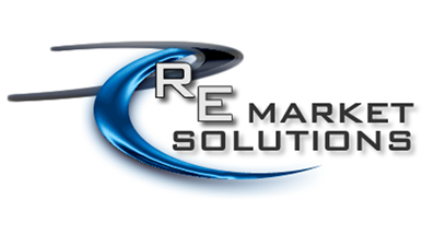 R E Market Solutions logo with blue swoosh and black-gray text