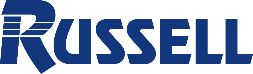 Blue Russell logo with stylized lettering on a white background