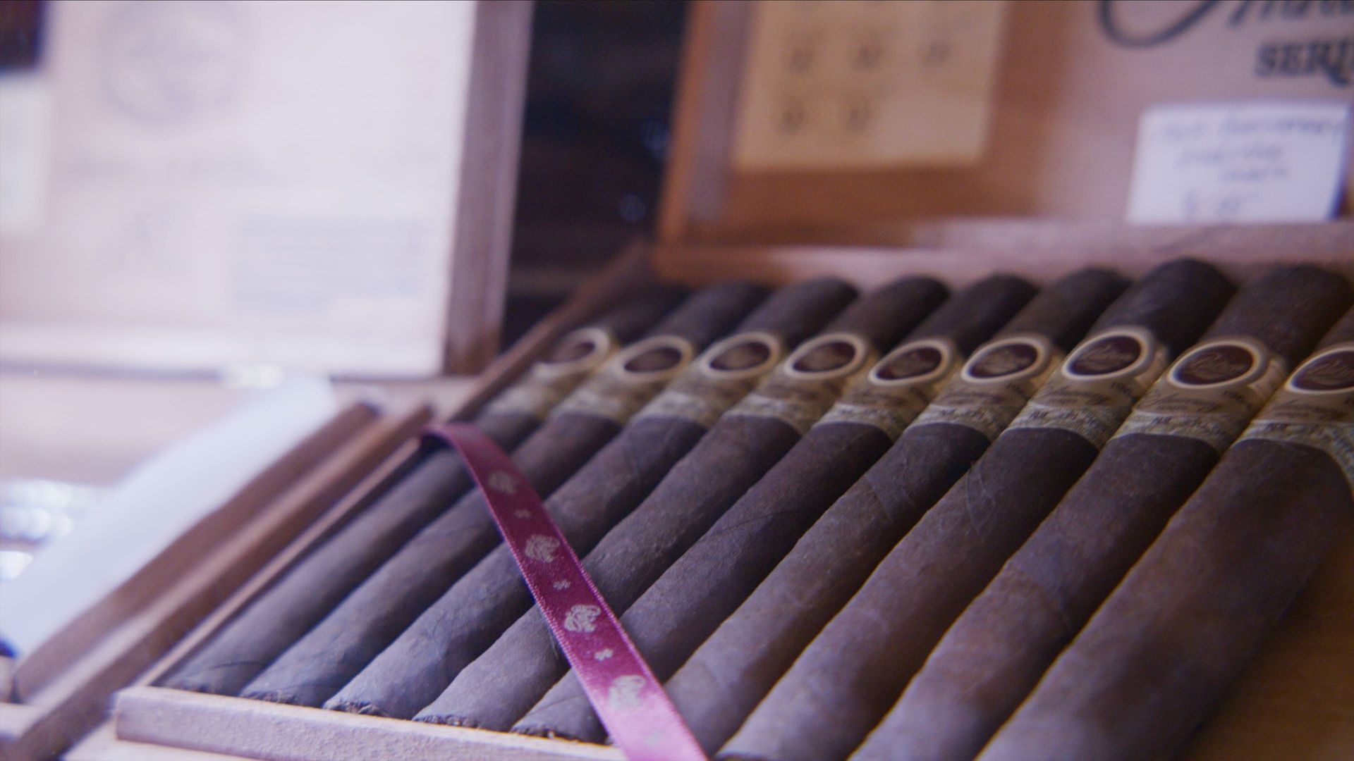 Open display tray of dark cigars with gold rings and a red ribbon marker