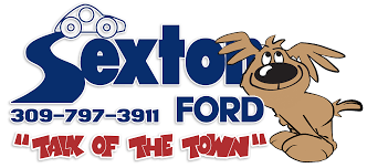 Sexton Ford logo with cartoon dog, phone number 309-797-3911, and “Talk of the Town” tagline