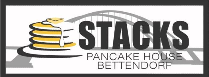 Stacks Pancake House Bettendorf logo with stacked pancakes and a gray bridge silhouette