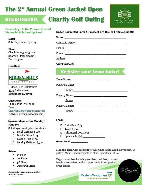Green golf tournament registration form for “The 2nd Annual Green Jacket Open Charity Golf Outing” with event details.
