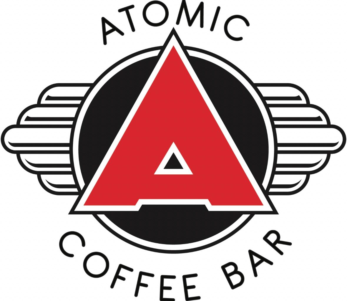 Atom/C Coffee Bar logo with red triangle on black circle and winged stripes, white text above and below