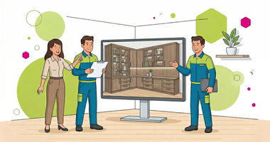 Three people in professional attire discuss a digital display of a 3D kitchen cabinet design in a stylized office setting.