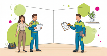 Three people in work uniforms consult on a construction project, holding clipboards in a modern office space.