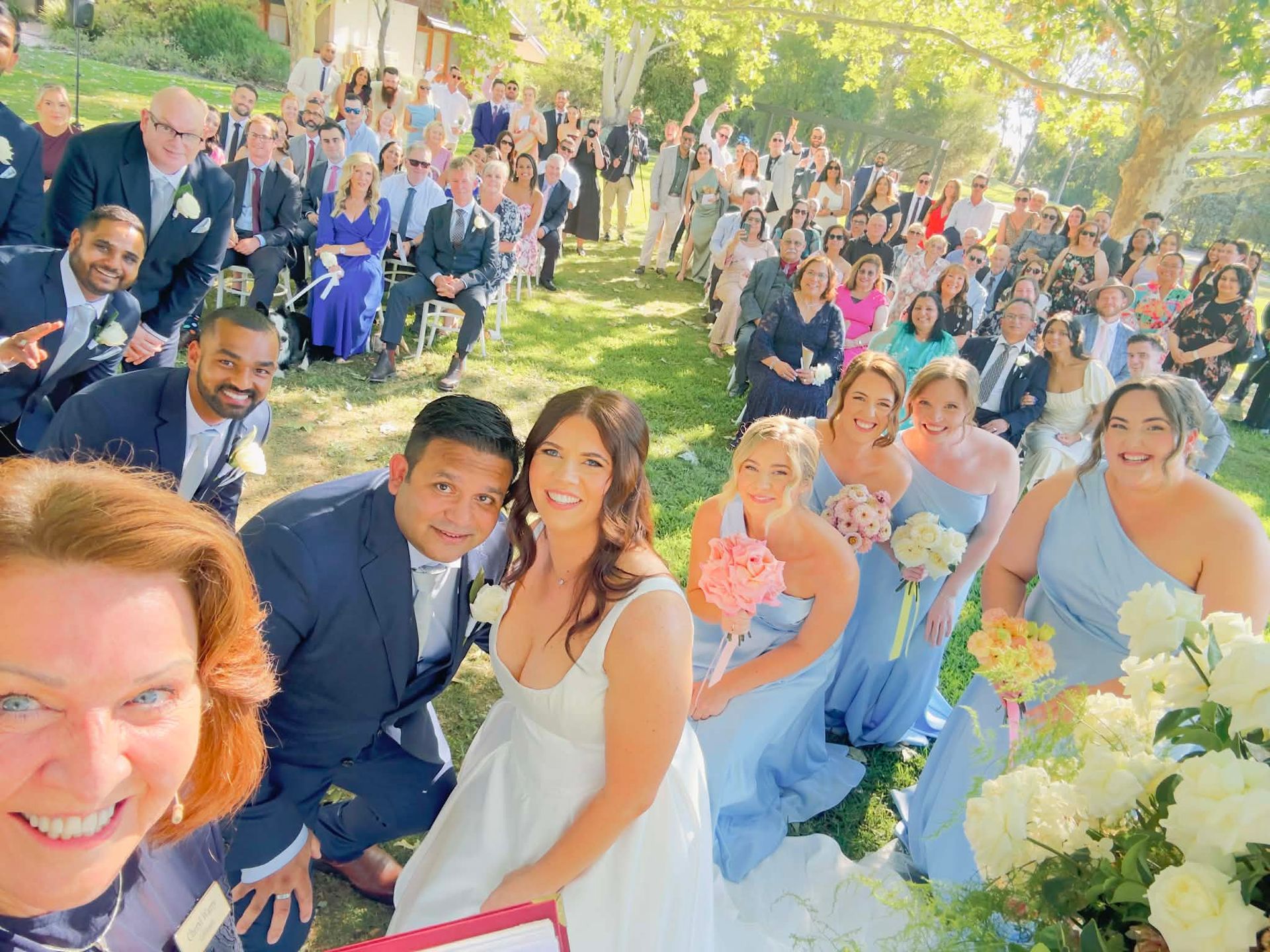 120 guests crowd selfie at Brown Brothers Winery wedding