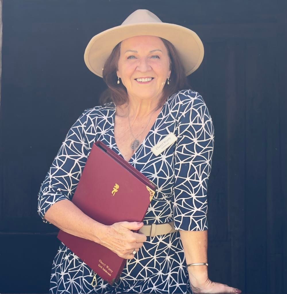 celebrant cheryl warry at a country wedding where cowboy hats was the dress code
