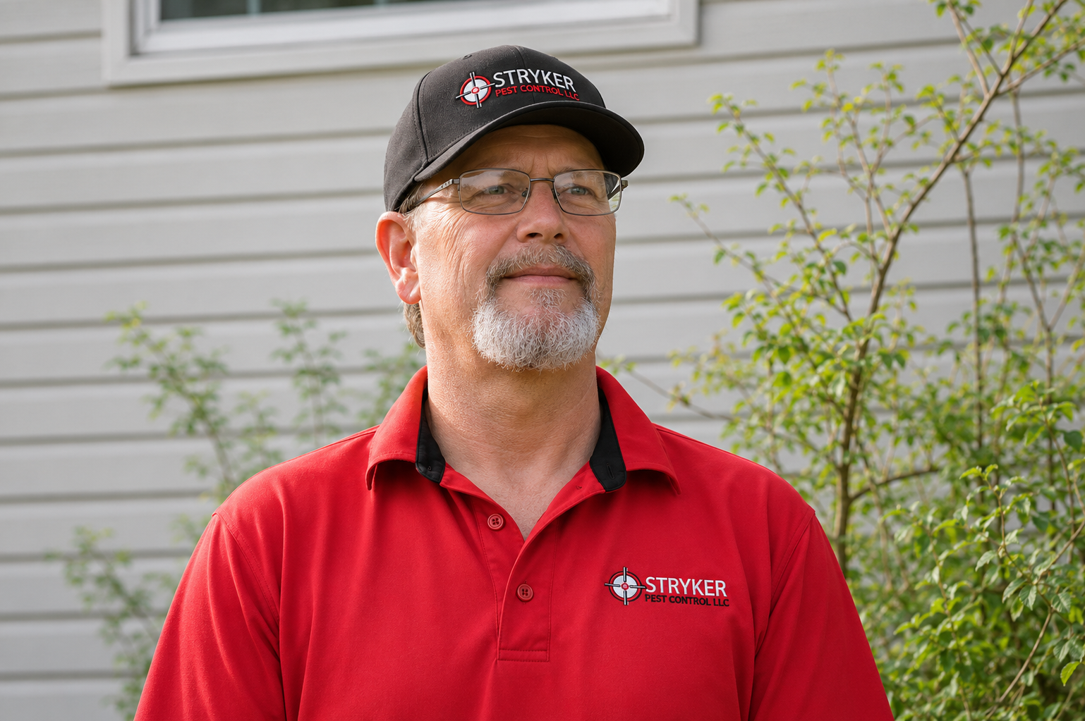Man in red polo and black cap standing outdoors in front of light siding and plants in Columbus Ohio