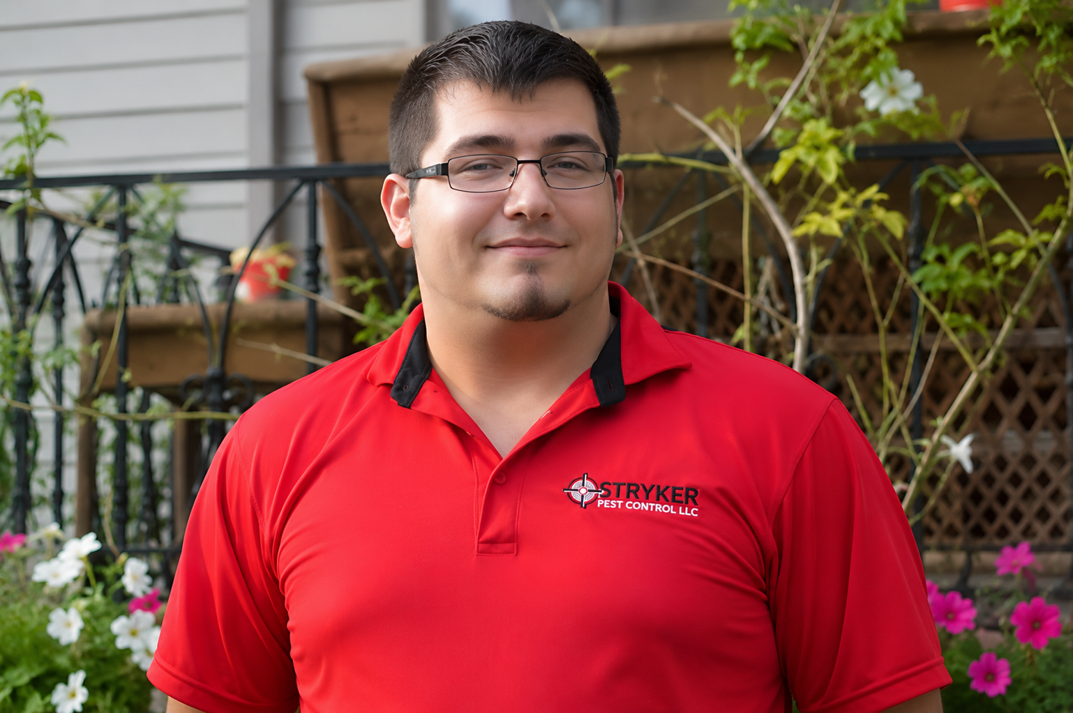 Man in a red polo shirt standing outdoors in a garden with plants and a fence behind him in Columbus Ohio