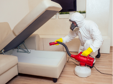 Technician in white protective suit performing a bed bug treatment, disinfecting a couch in a living room with a fogging sprayer in Columbus Ohio