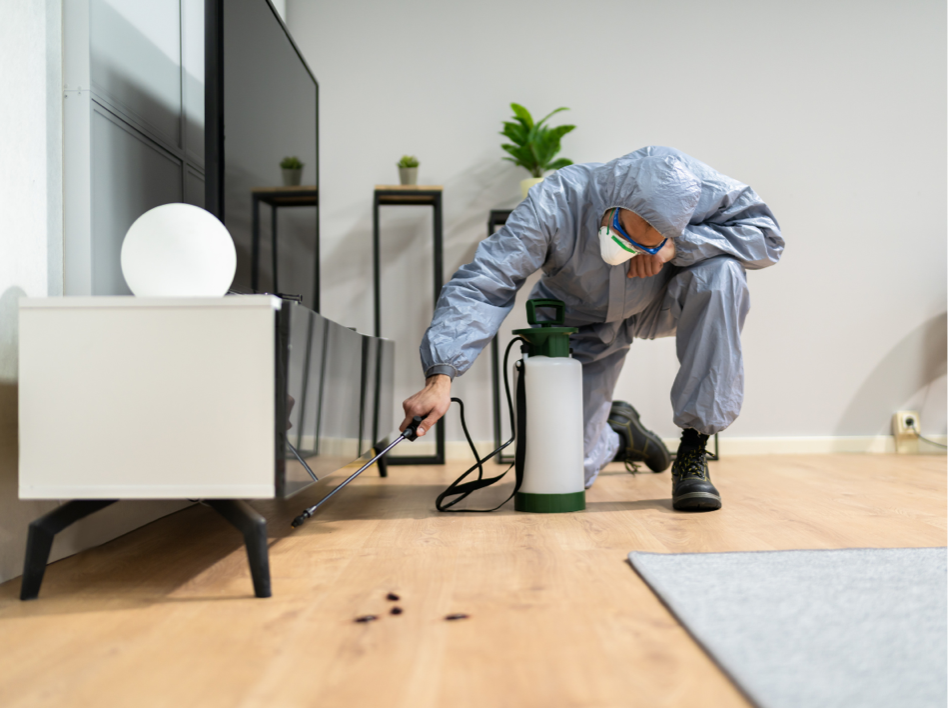 Technician kneeling by kitchen cabinets, inspecting with a flashlight near the floor in Cambridge OH