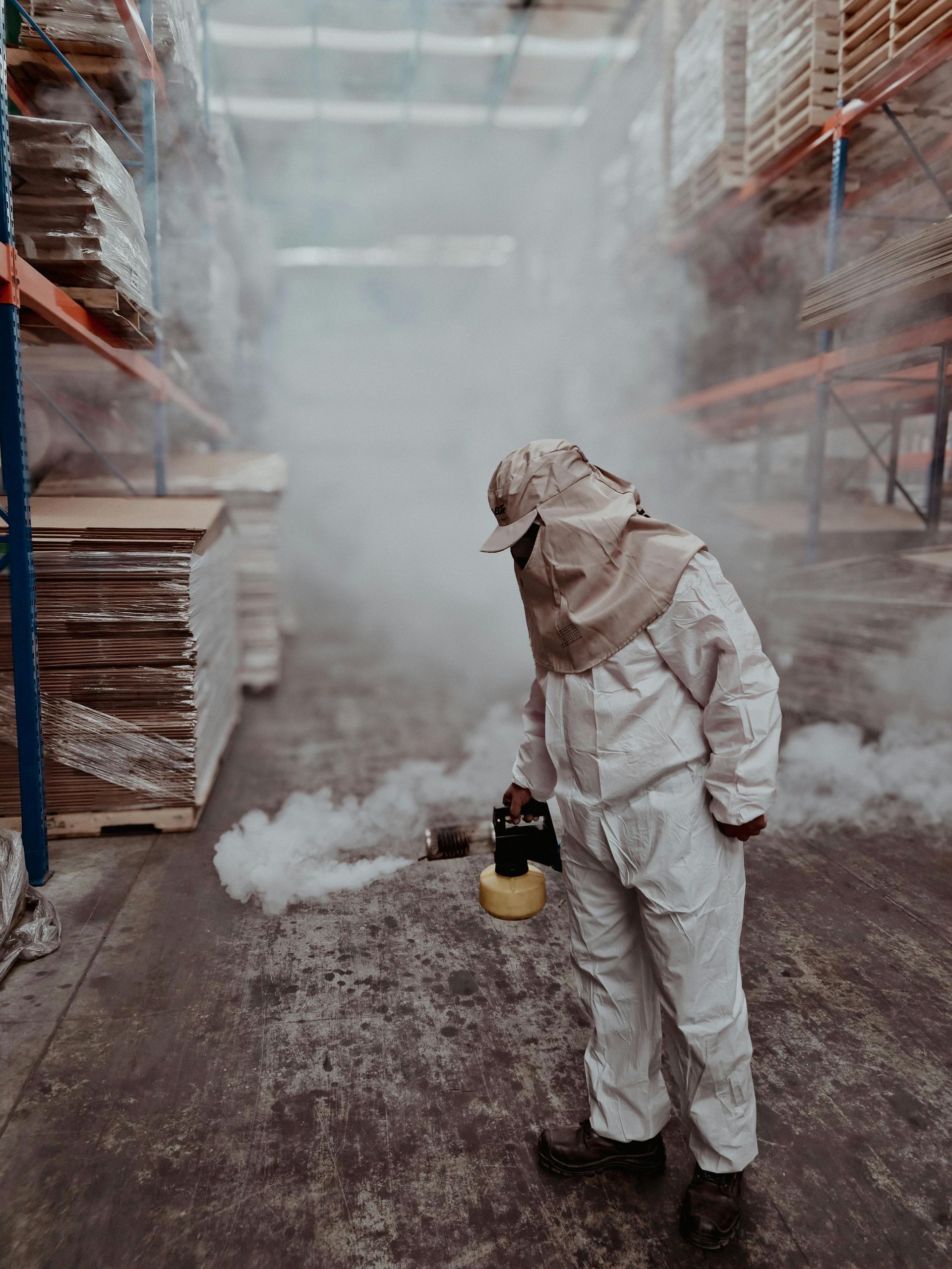 Worker in white protective suit spraying disinfectant in a warehouse aisle in Columbus Ohio