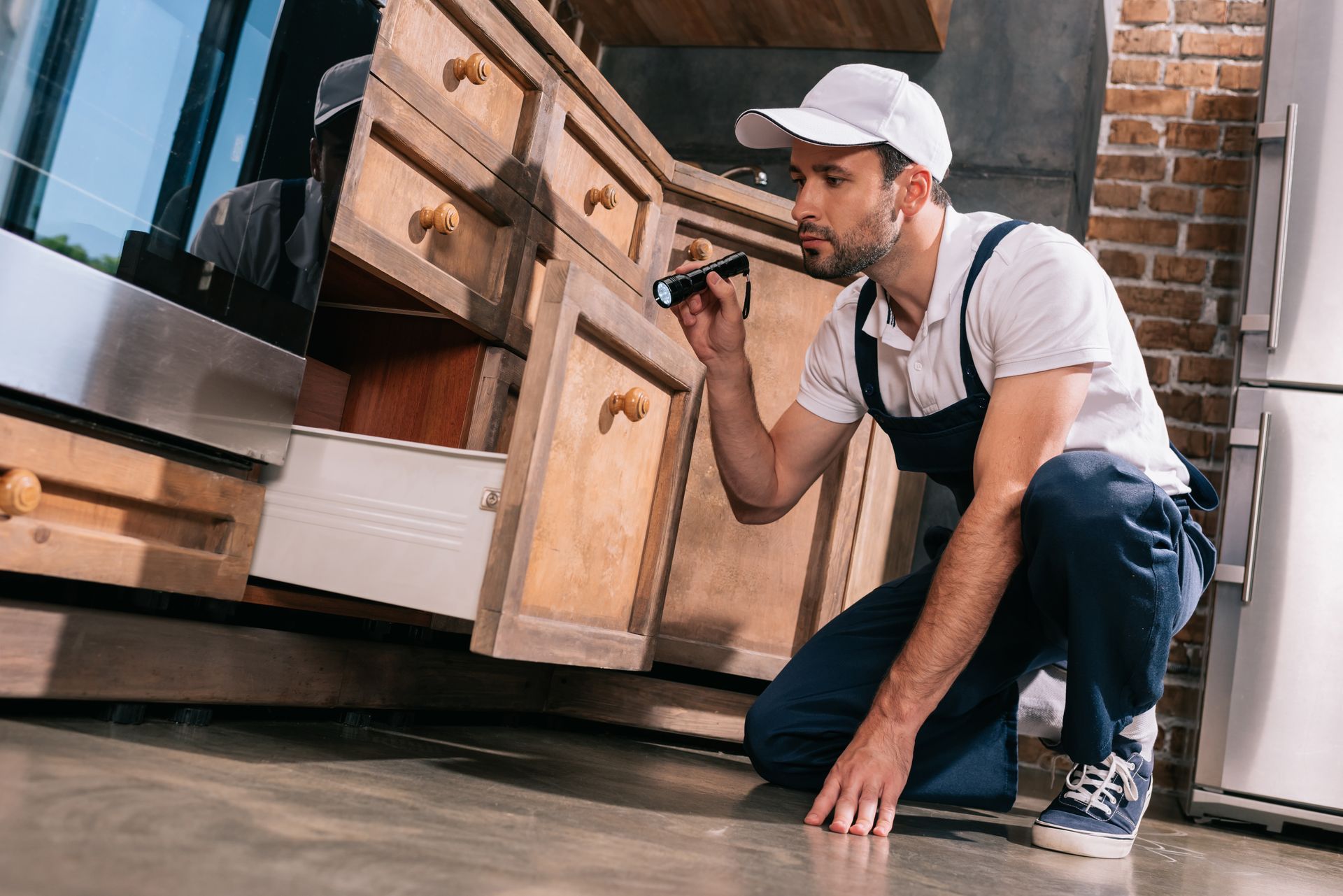 Technician kneeling by a kitchen cabinet, inspecting it with a flashlight in Parkersburg WV