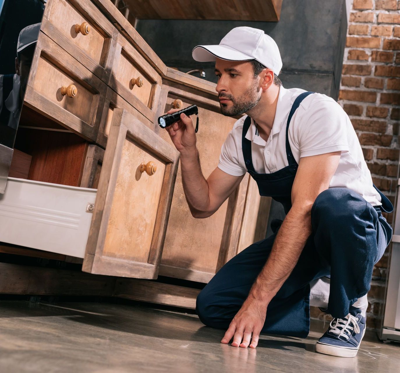 Technician kneeling by kitchen cabinets, inspecting with a flashlight near the floor
in Parkersburg WV