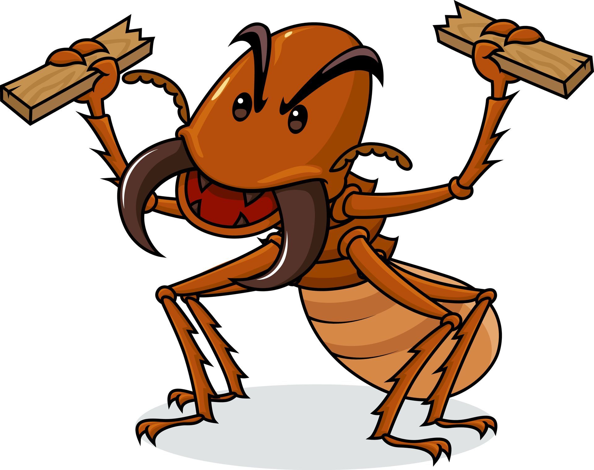 Cartoon orange mantis with raised claw hammers, standing aggressively with open mouth and arched legs in Parkersburg WV