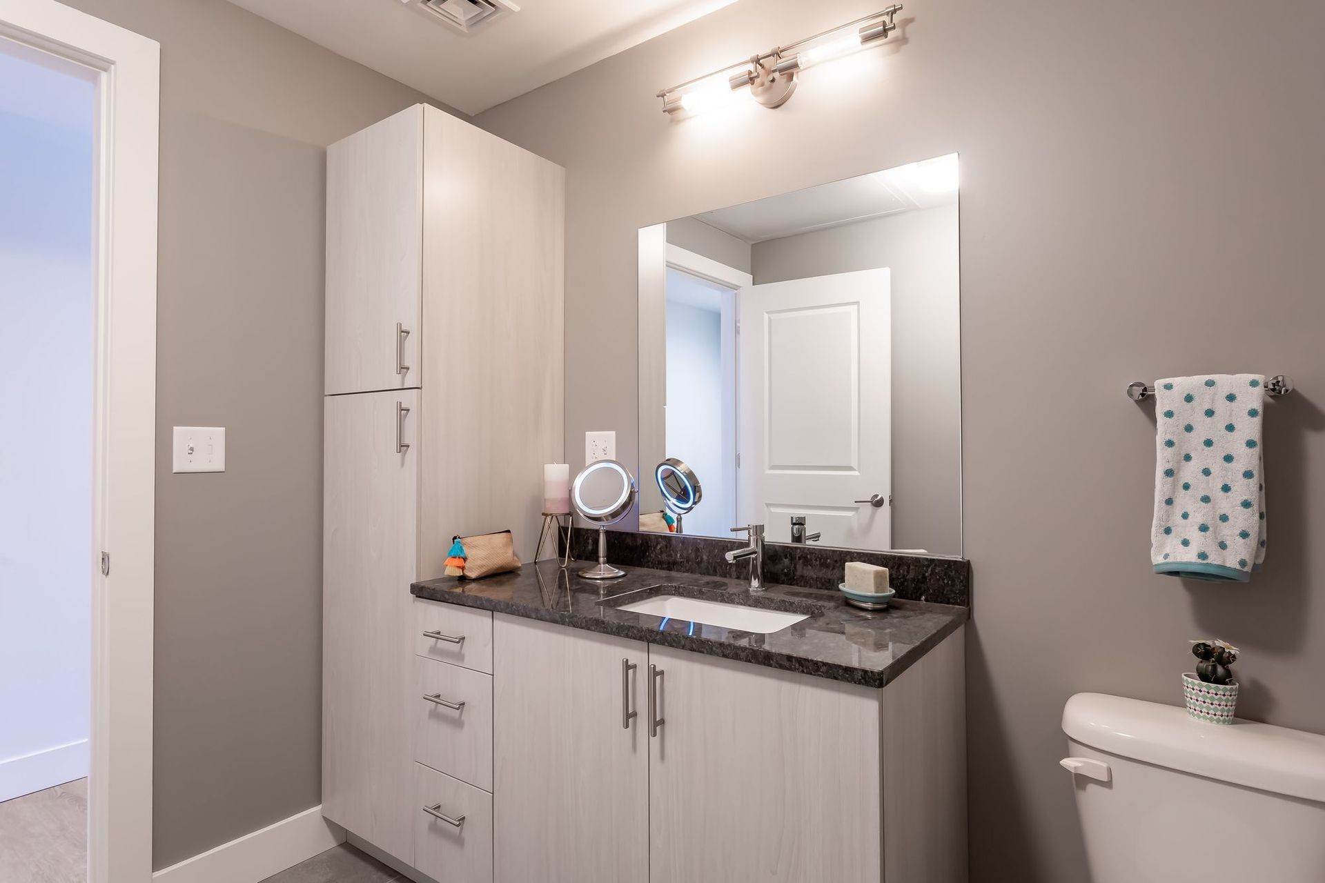 A bathroom with a sink , mirror and toilet.