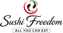 Sushi Freedom logo with black script and red-and-black circular fish emblem, &ldquo;All You Can Eat&rdquo; below