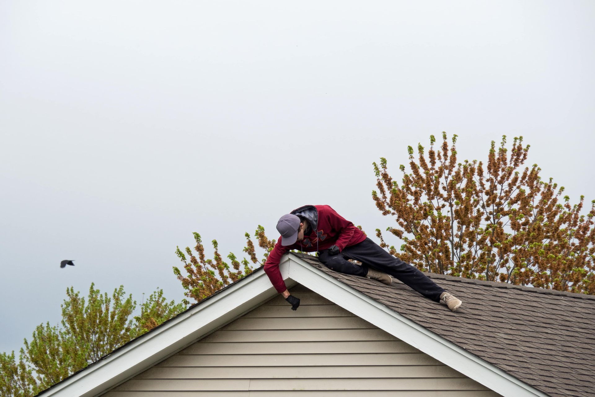 Worker on a roof repairing shingles on a house under an overcast sky