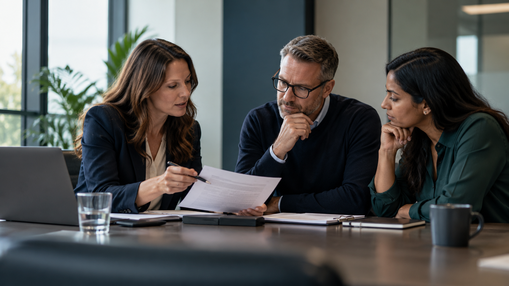 Three coworkers reviewing documents at a table in a bright office